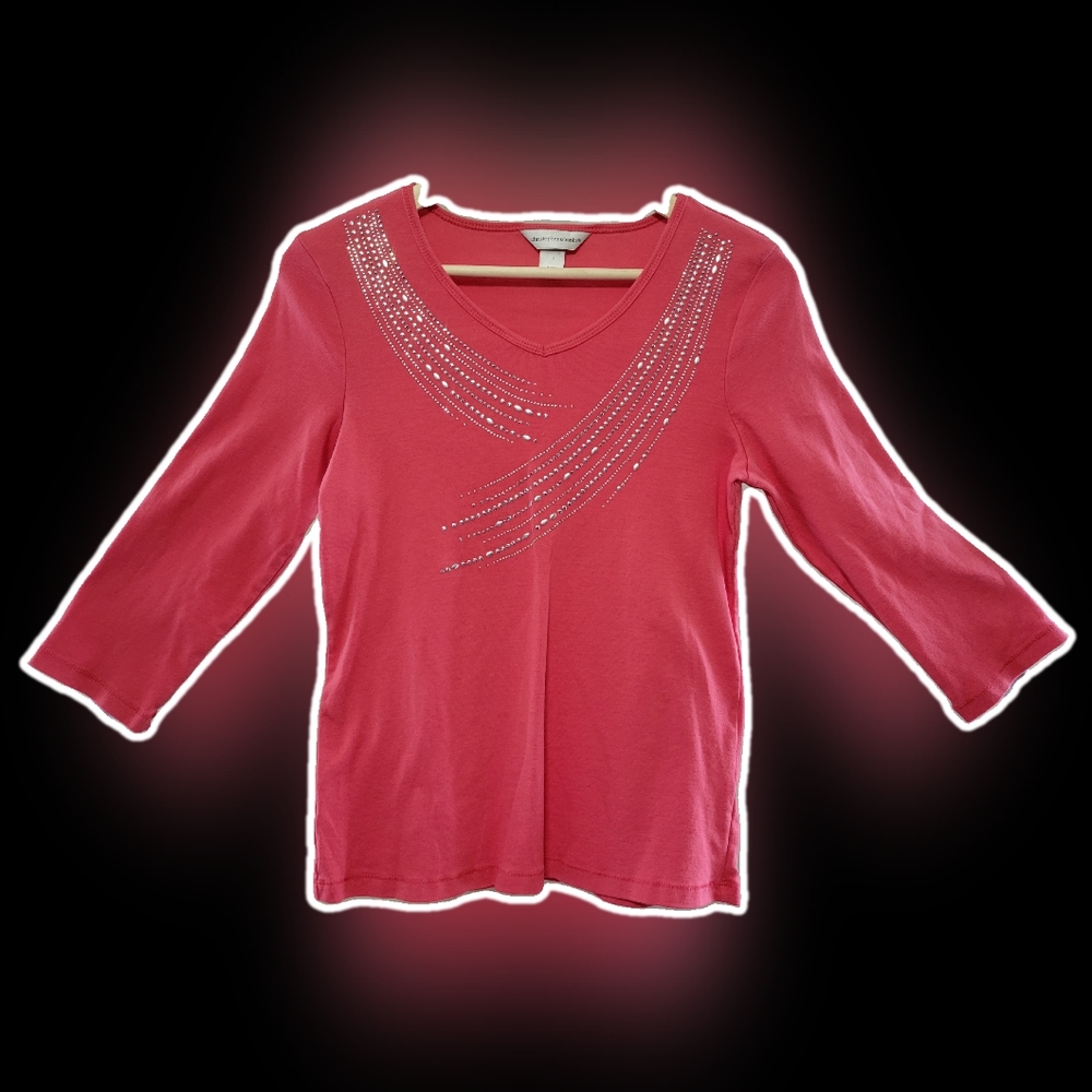 Women's C&B Small 3/4 sleeve V-neck coral pink shirt